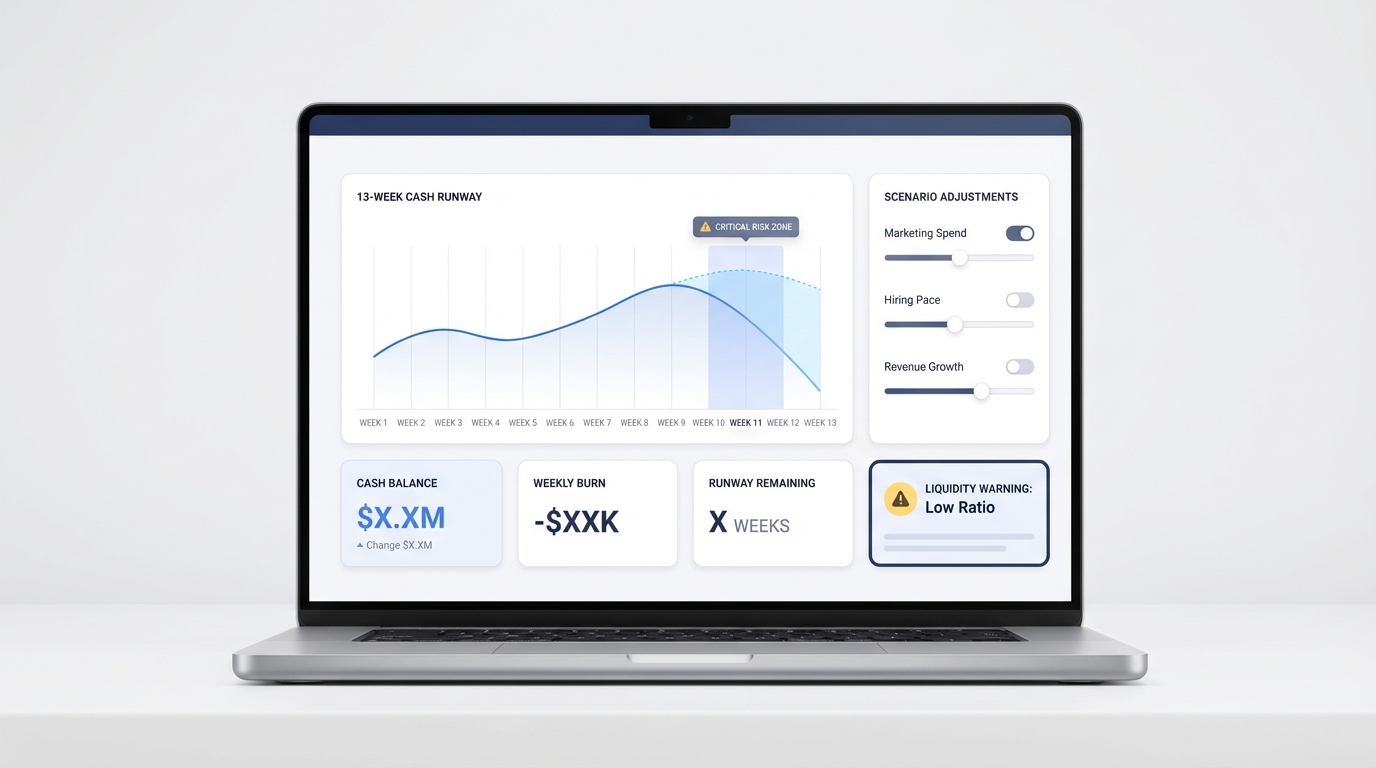 A 13-week cash flow dashboard showing projected bank balance and burn rate