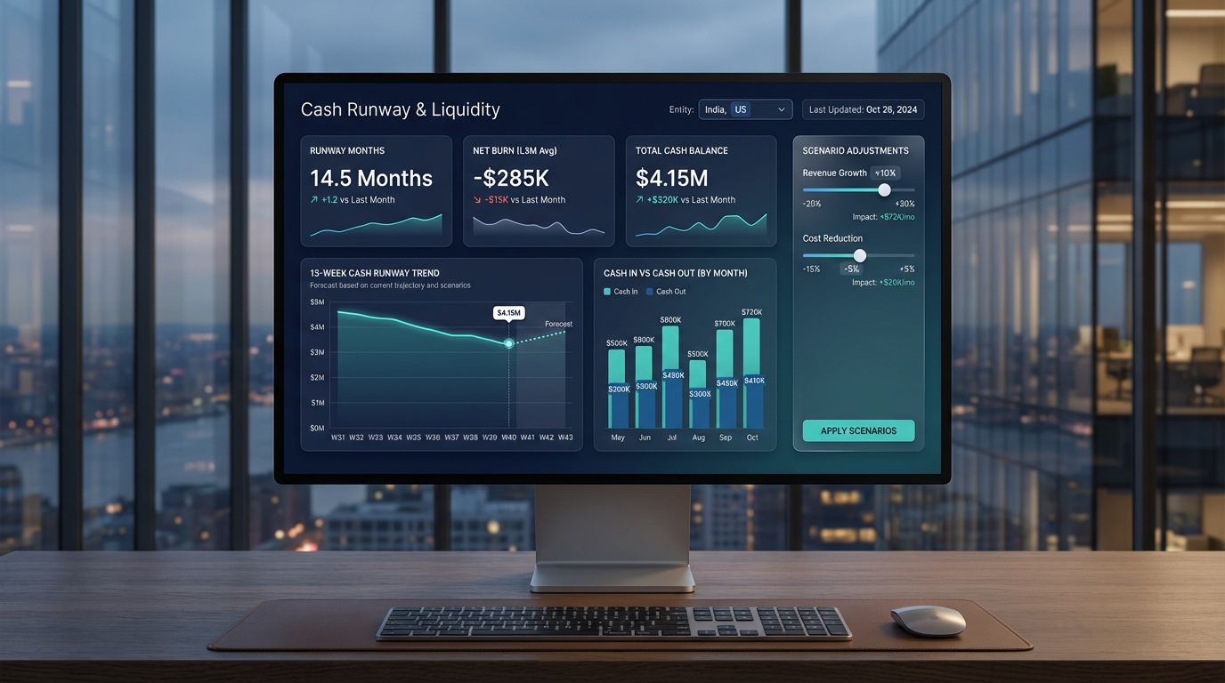 Interactive Cash Runway and Liquidity Dashboard built by VextaCFO